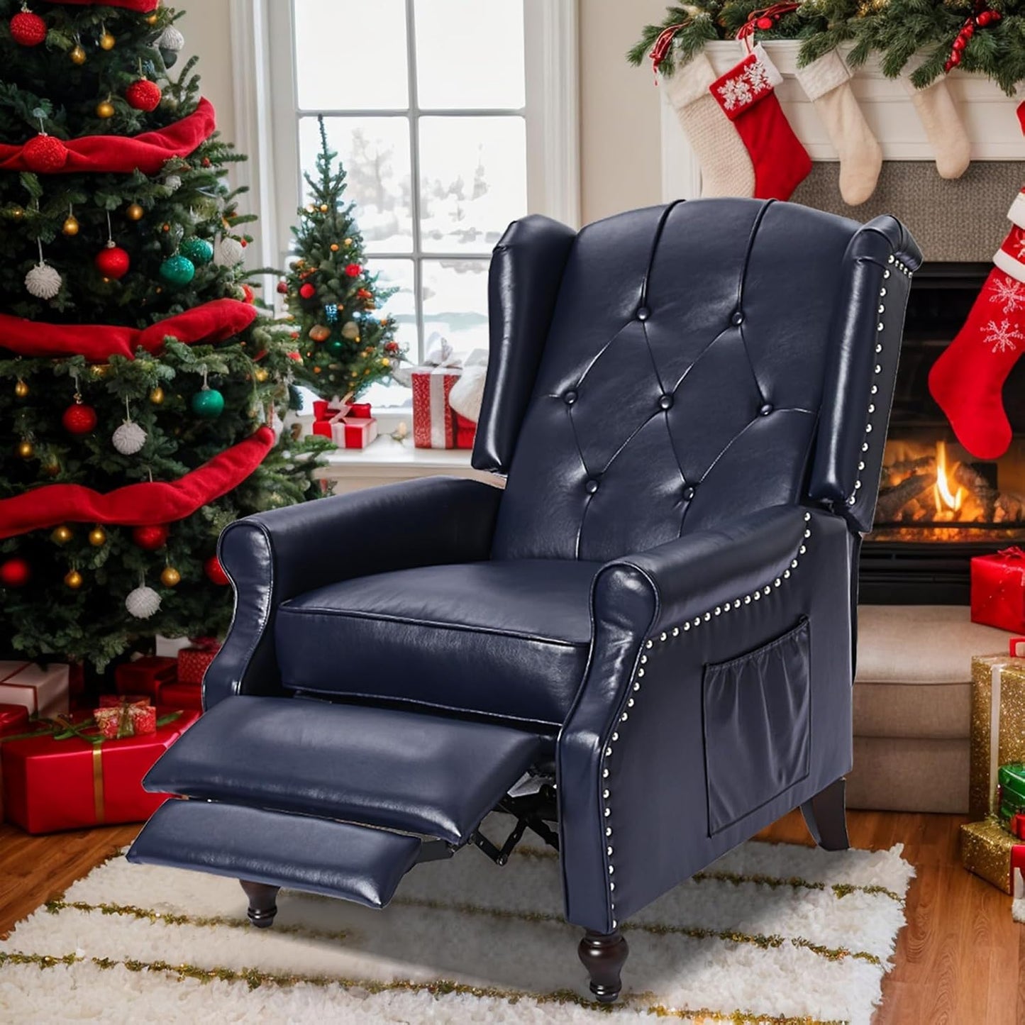 Wingback Recliner Chair - Tufted Arm Chair Recliner - Fabric Push Back Single Sofa for Living Room Adjustable Backrest (Pair, Blue Floral)