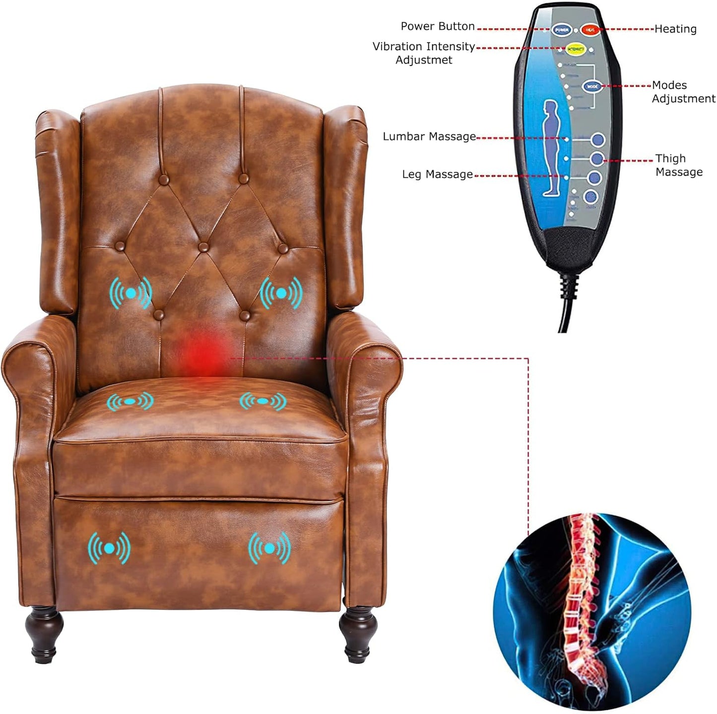 Wingback Recliner Chair, Push Back Arm Chair with Heat and Massage, PU Leather Single Sofa for Home, Living Room, Office, Bedroom(Cognac Brown,Set of 2)