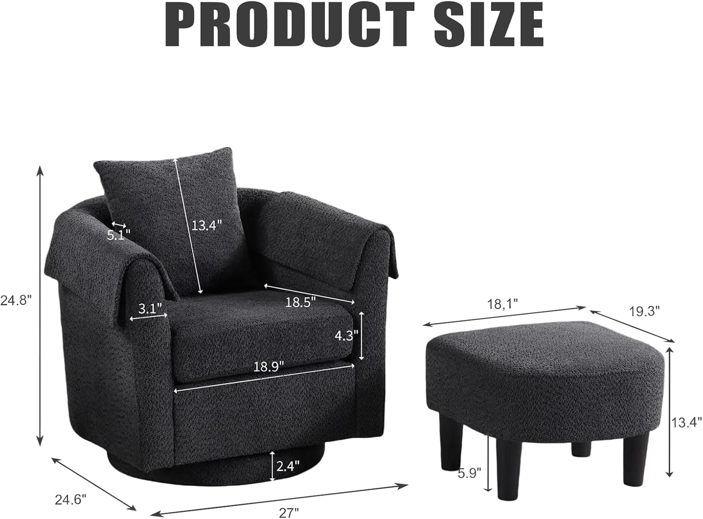 360 Swivel Accent Chair with Ottoman Set, Modern Chenille Barrel Armchair for Living Room, Comfy Reading Chair with Footrest & Removable Pillow & 2 Armrest Covers, Sofa Seat for House/Office(Black)