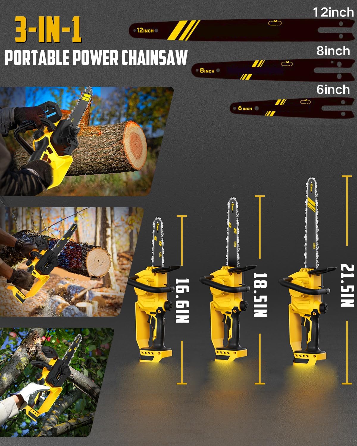 3-IN-1 Chainsaw Compatible for Dewalt 20V 60V Max Battery Chainsaw(Battery not Included),12-Inch/8-Inch/6-Inch 1000W Power Saw for DCB204, DCB206 Hand Saw for Wood Cutting