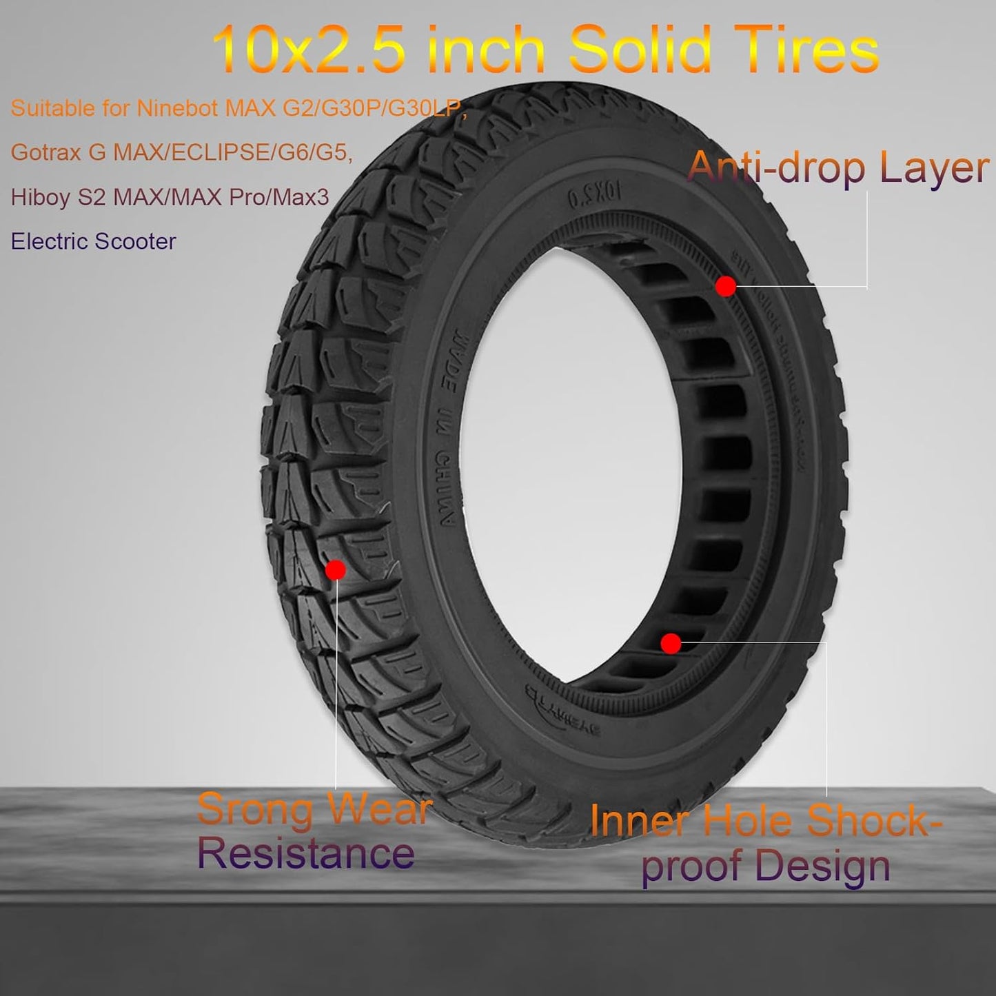 2PCS 10x2.5 Inch Solid Tires, 60/70-6.5 Tire Replacement for Segway Ninebot Max G30 G30P G30LP Max G2 /Hiboy S2 MAX Electric Scooter, 10x2.50-6.5 10 Inch Off Road Front RearTubeless Tire Wheel
