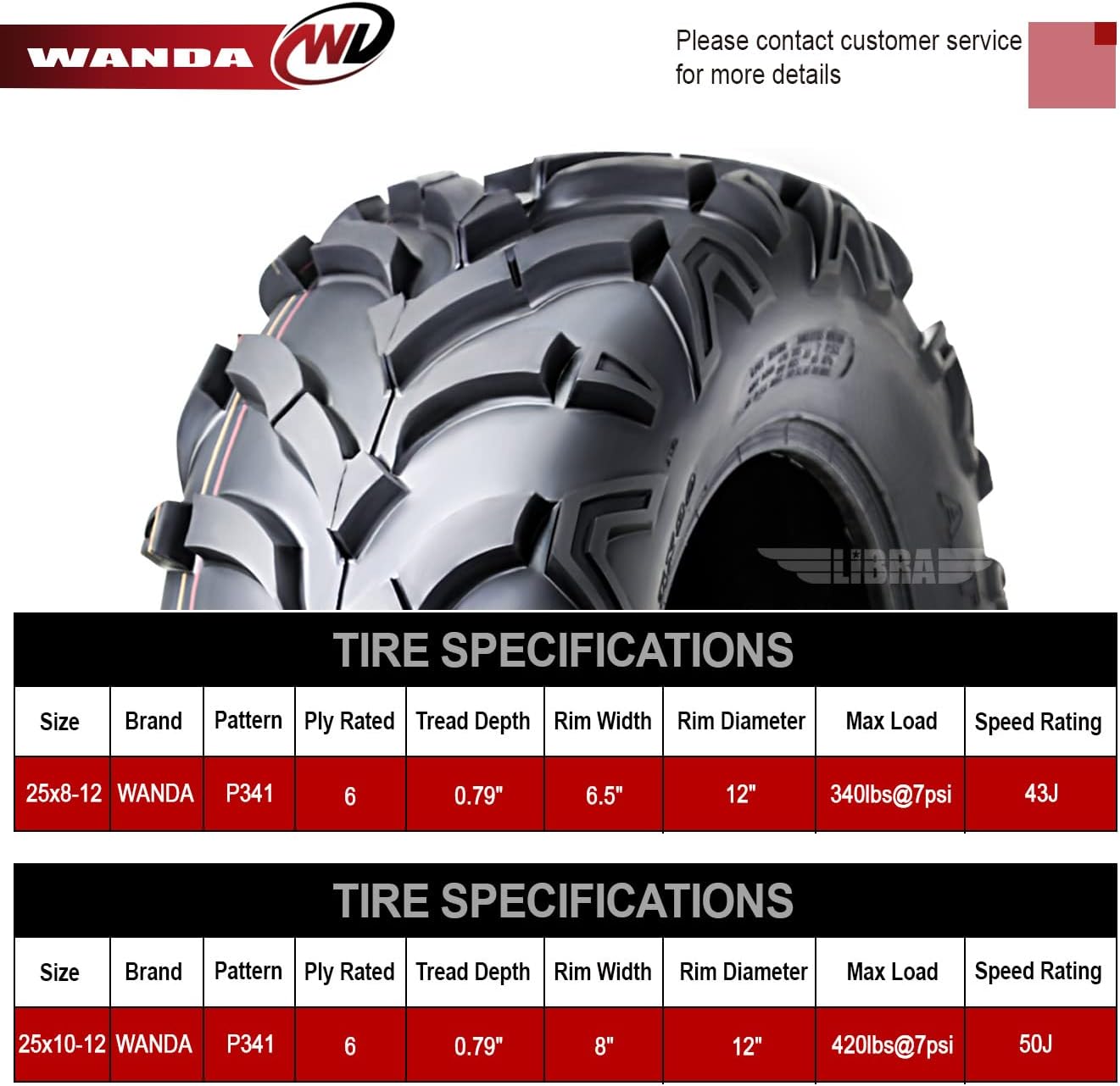 WANDA Set of 4 ATV/UTV Tires 25X8-12 25X10-12 P341 Solid Deep Tread for 2005-2014 HONDA FOREMAN 500