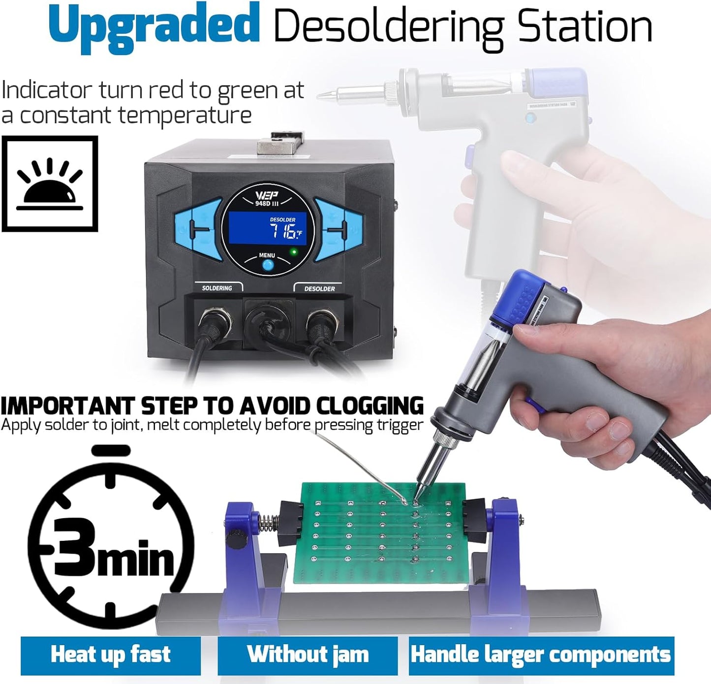WEP 948D III Upgraded 2-IN-1 ESD Safe Soldering Desoldering Station with Fast-Heating Desoldering Gun & Soldering Iron, Sleep Mode, Automatic Shutdown, Temperature Calibration with 31 Pcs Accessories