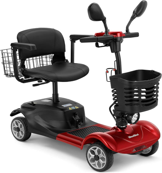 4 Wheel Compact Mobility Scooter for Seniors and Adults,Foldable Electric Scooter, Heavy Duty Travel Model with Lights, Basket, and Long-Lasting Battery (Red)
