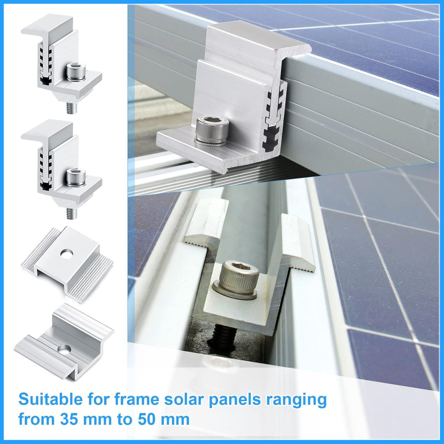 1.06 Inch Solar Panel Bracket Aluminum Solar Mid Clam with Mounting Brackets 32-50 mm Clamps Adjustable End Panel Clamps(56 Pieces)