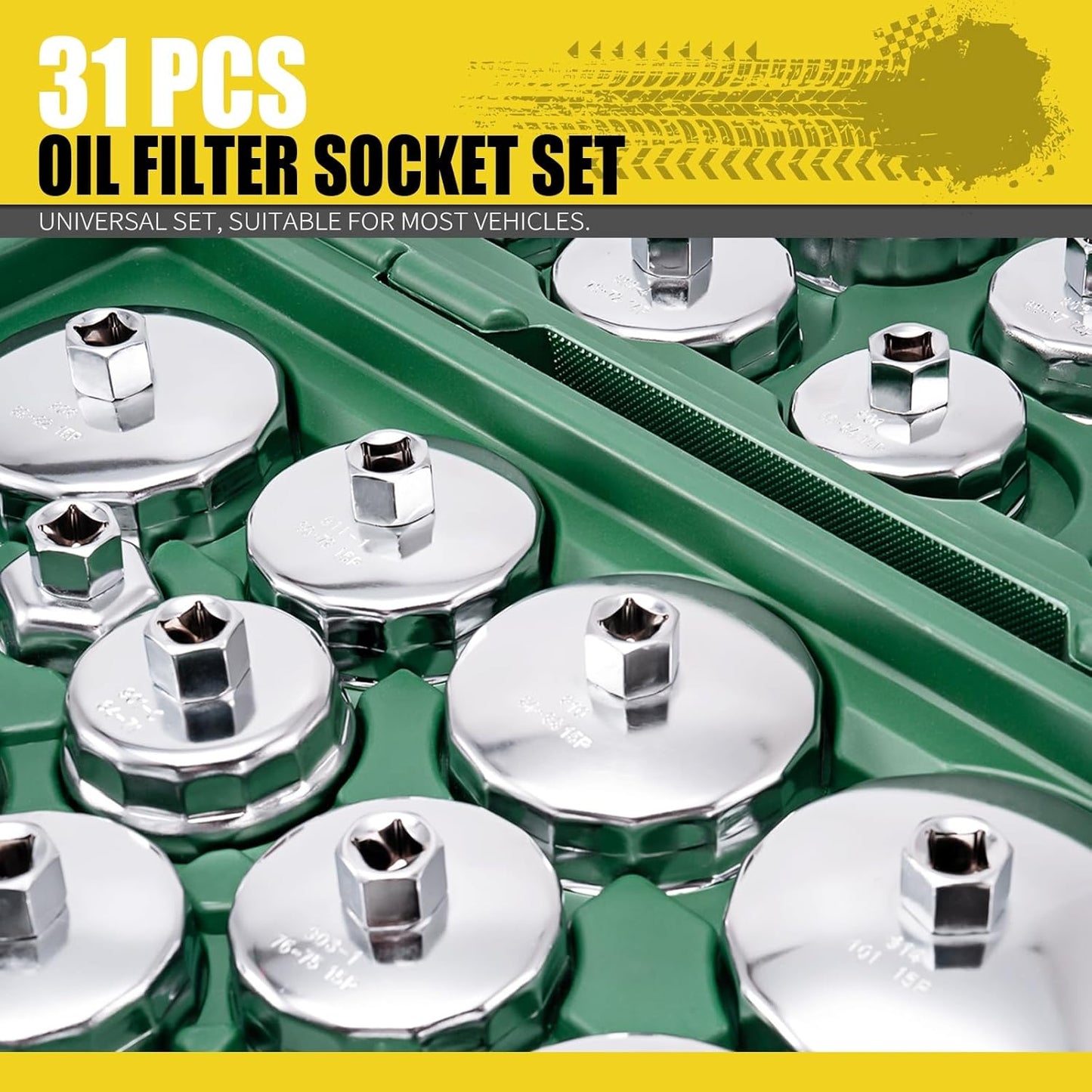 31PCS Oil Filter Wrench Set, Stainless Steel Oil Filter Cap Socket, 1/2" Drive 27mm 32mm 36mm 64mm-101mm Oil Filter Removal Tool, for VW, Ford, Chevrolet, Honda, Toyota, Nissan, Audi, BMW, etc
