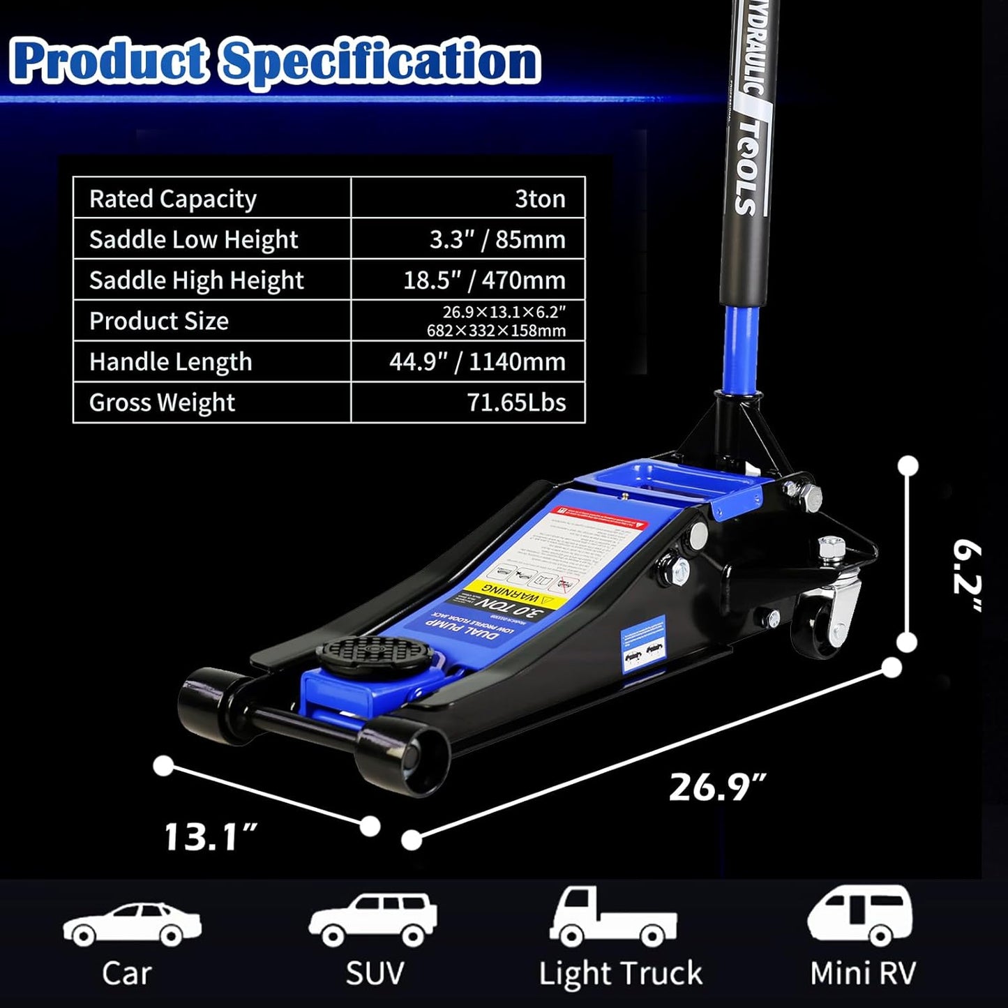 3 Ton Low Profile Floor Jack, Professional Low Profile Hydraulic Jack, Heavy Duty Steel Racing Floor Jack with Dual Piston Quick Lift Pump, 3 Ton (6,600 lb) Capacity, Lift Range 3.3"-18.5"