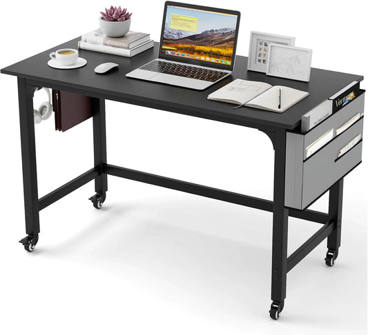 Tangkula 48” Mobile Computer Desk with Storage Bag & 2 Hanging Hooks, Rolling Home Office Writing Study Desk, Rolling PC Workstation with Lockable Universal Casters for Study Room, Bedroom