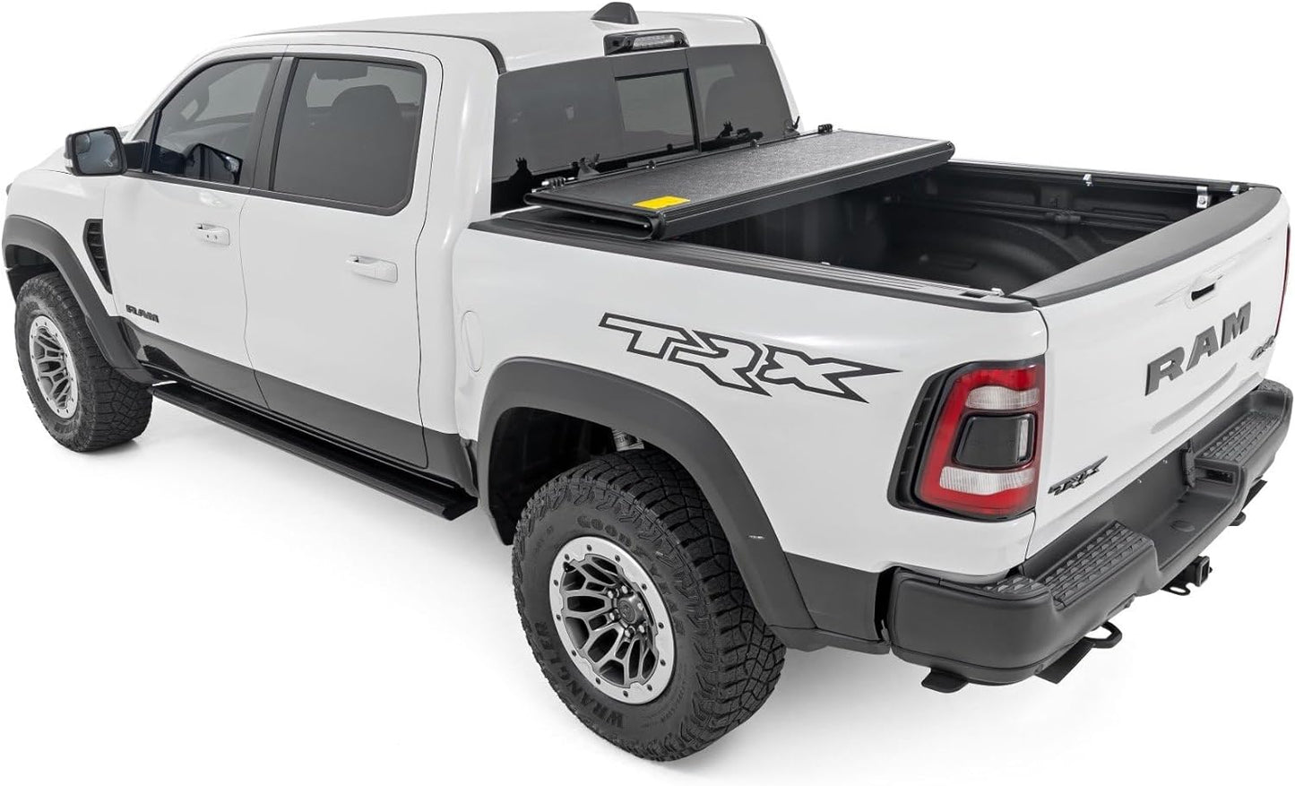 Rough Country Hard Tri-Fold Tonneau Cover for Ram 1500 (2019-2025) & 1500 TRX (2021-2025) - Low-Profile Aluminum Truck Bed Cover, Fits 5'7 Bed