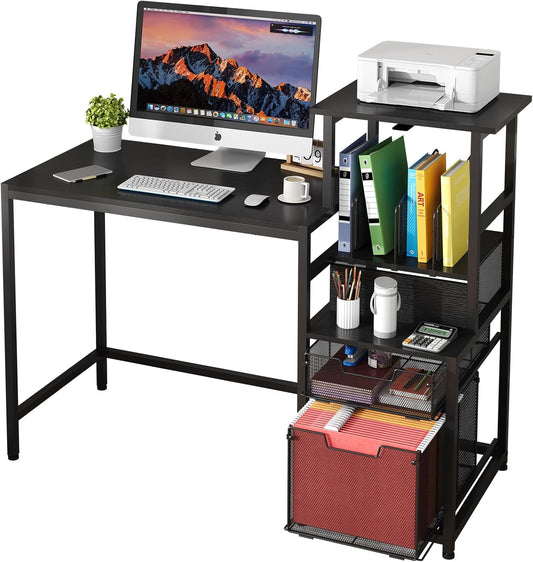 X-cosrack 47" Computer Desk with 2 Mesh File Drawers, Home Office Desks with Shelves, Printer Space, Study Writing and Gaming Table with 3 Vertical File Holders for Small Space, Bedroom, Dorms, Black