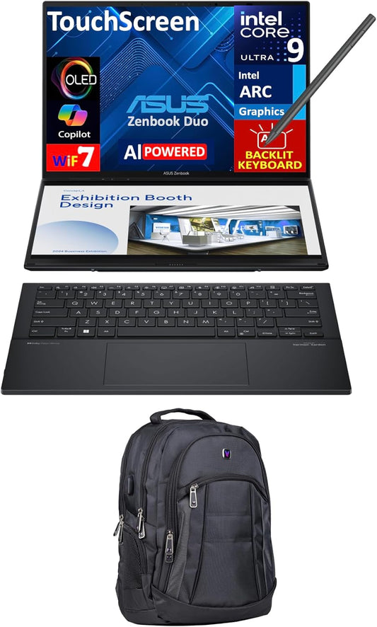ASUS Zenbook Duo AI Powered 2-in-1 Laptop 14.0" Touchscreen OLED 2.8K Display (Intel Ultra 9-285H, 32GB LPDDR5X, 1TB PCIe SSD, Active Pen, Backlit KB, 2 Thunderbolt 4, Win 11 Pro) w/Premium Backpack