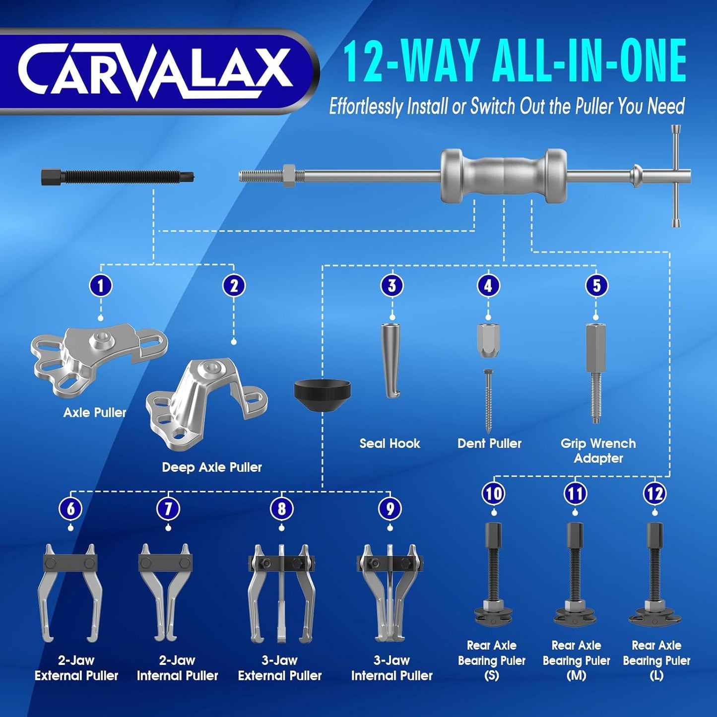 12-Way Slide Hammer Puller Set, Front Wheel Hub Bearing & Rear Wheel Axle Remover Puller Set, 23PCS Tool Kit for Dents and Dings Repair with Black Carry Box