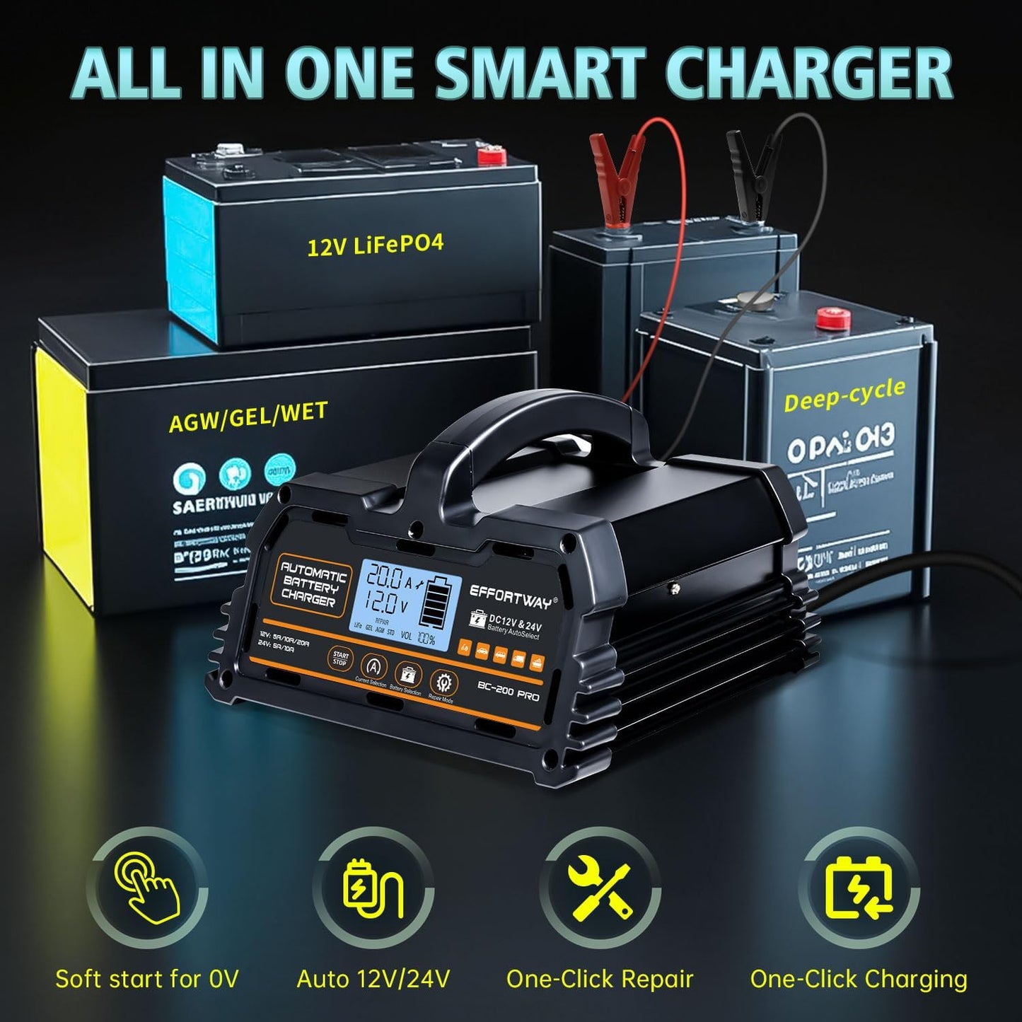 20A 12V/24V Battery Charger,Lead Acid Charger, 12V LiFePO4 Charger. Smart Battery Charger with Trickle Charge.Car Battery Maintainer with LCD Display. Suitable for Trucks,AMG,Motorcycles