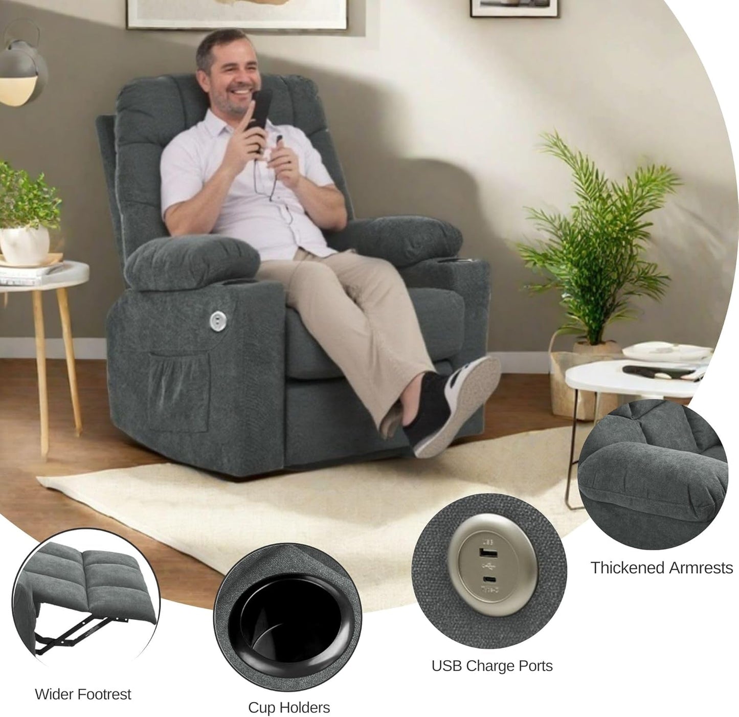 YITAHOME Power Lift Recliner Chair, Modern Fabric Recliner Chair with Massage and Heat, Spacious Seat, USB Ports, Cup Holders, Remote Control, Suitable for Living Room Dark Grey2