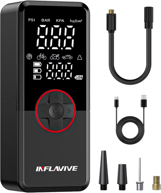 Tire Inflator Portable Air Compressor, Cordless Electric Bike Pump 150PSI Fast Inflation with LED Light, Pressure Gauge, and Deflation Mode, Portable Air Pump for Car Bike Motorcycle Ball