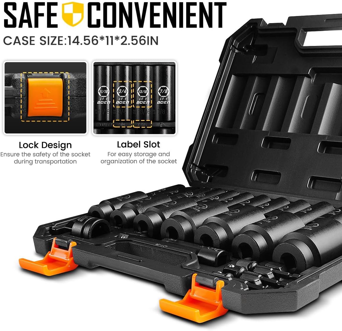 boen 1/2” Drive SAE Impact Socket Set, 3/8" to 1-1/2" Deep Socket, 6-Point Hex Socket with Portable Case, Rugged Construction, CR-V Steel, 24PCS