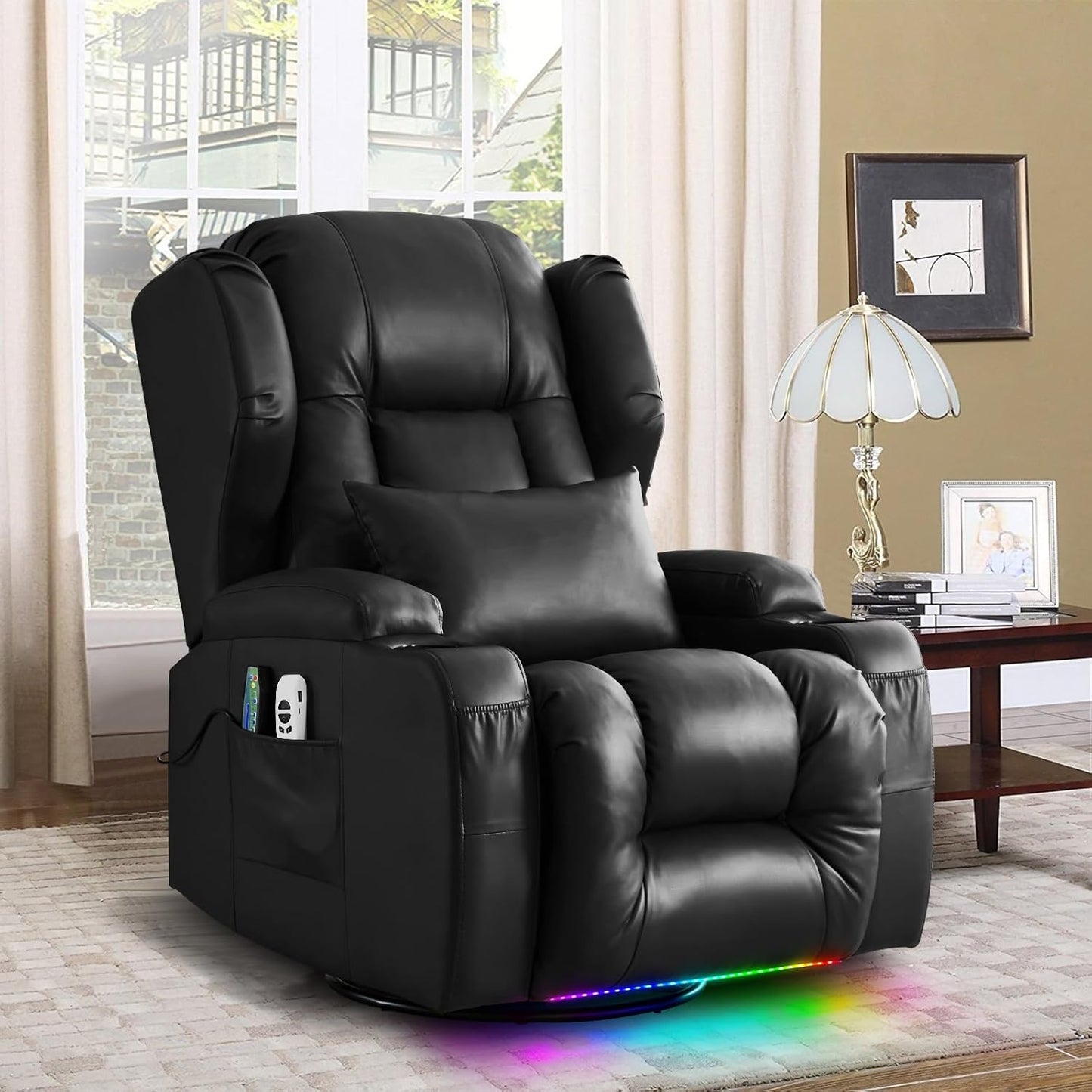 SENIFIS Velvet Grey Modern Swivel Glider Recliner Chair, 270 Rotation & 30 Rocking, Power Reclining, Massage & Heat, USB, LED Light, Cup Holder, Lumbar Pillow, Adult Living Room Chair