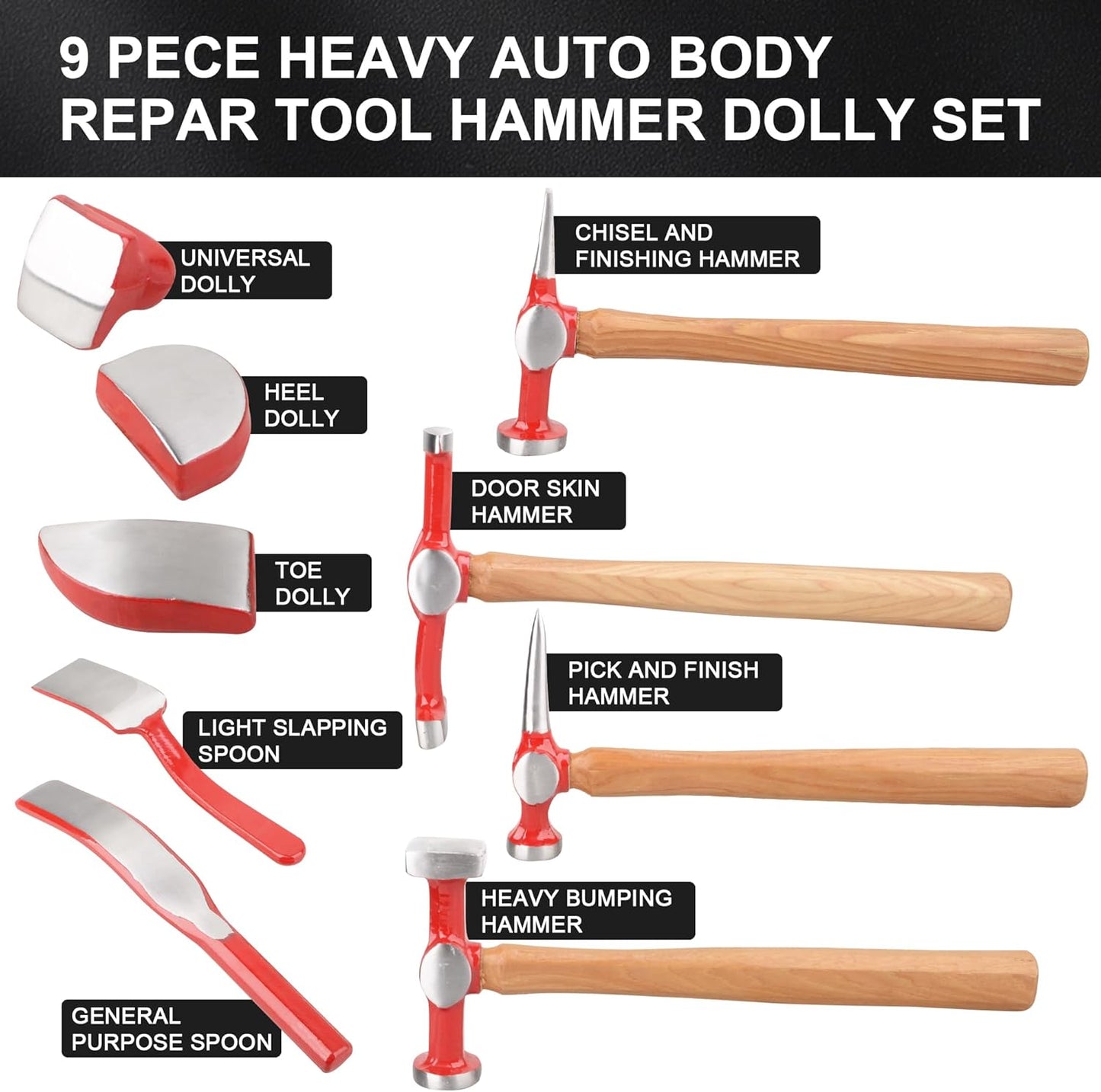 9 pcs heavy duty Auto Body Repair Tool, Fender Repair Kit Carbon Steel Hammer Dolly Set Dent Hammer Set with Hickory Handle