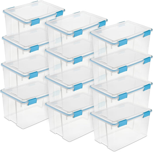 Sterilite 12-Pack Gasket Box, Weather-Resistant Storage Bins with Latching Lids, 54 Quart - Heavy-Duty Organizing Containers for Closet, Bathroom, and Office