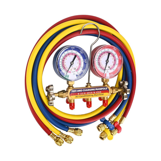 42004 Test and Charging Manifold with 3-1/8" (80 mm) Gauges, 1/4" Standard Flare Fitting, HVAC Color-Coded Gauges with 60" Hoses, 2-Valve, HVAC Manifold for R-22/404A/410A, Yellow/Red/Blue