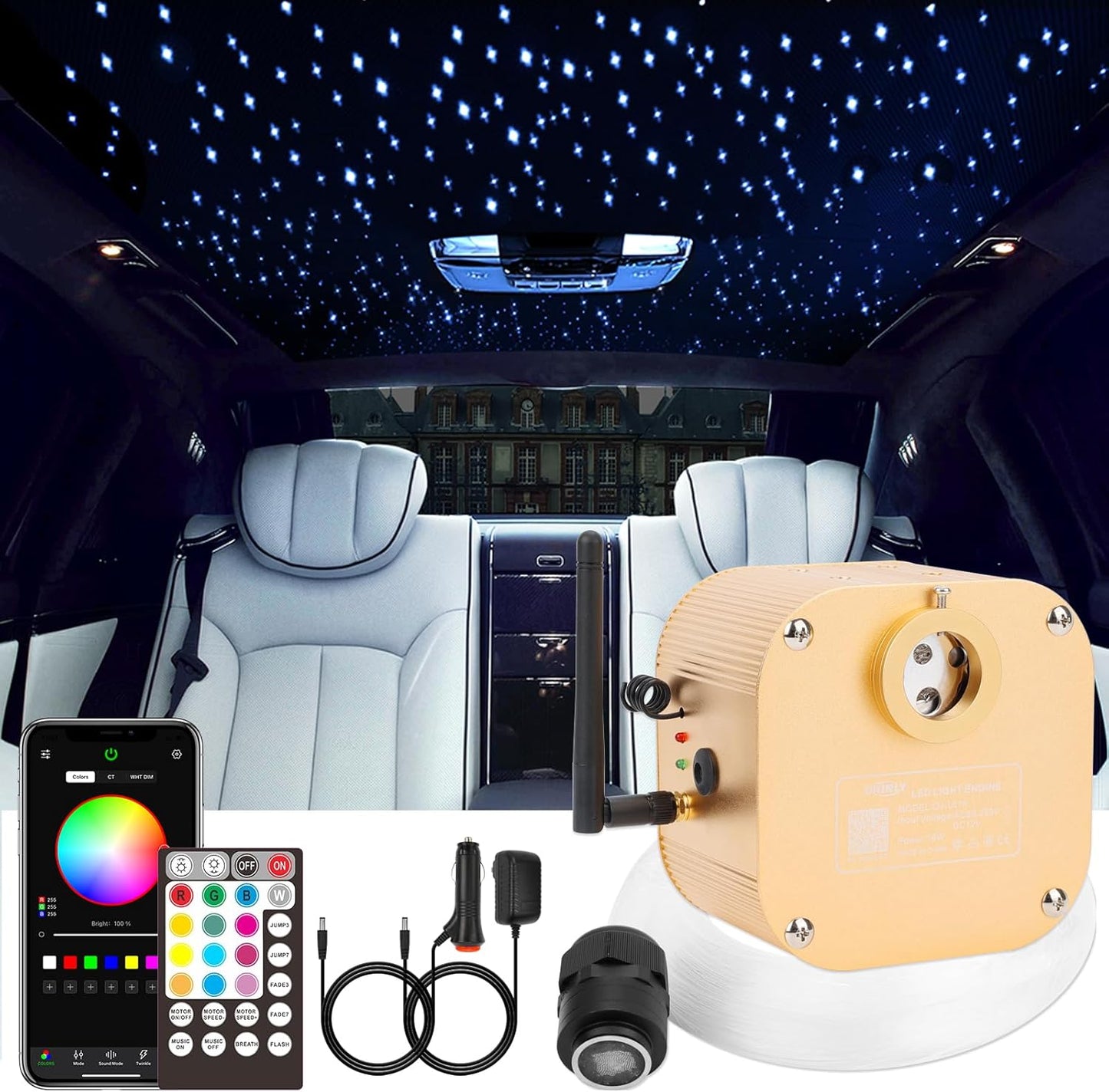 CHINLY Starlight Headliner Kit, Meteor Twinkle 550pcs 0.03in 13.1ft 16w Star Lights for Car Bluetooth RGBW LED Fiber Optic APP/Remote Headliner Light Kit+Shooting Stars Light kit for Car/Home Theater