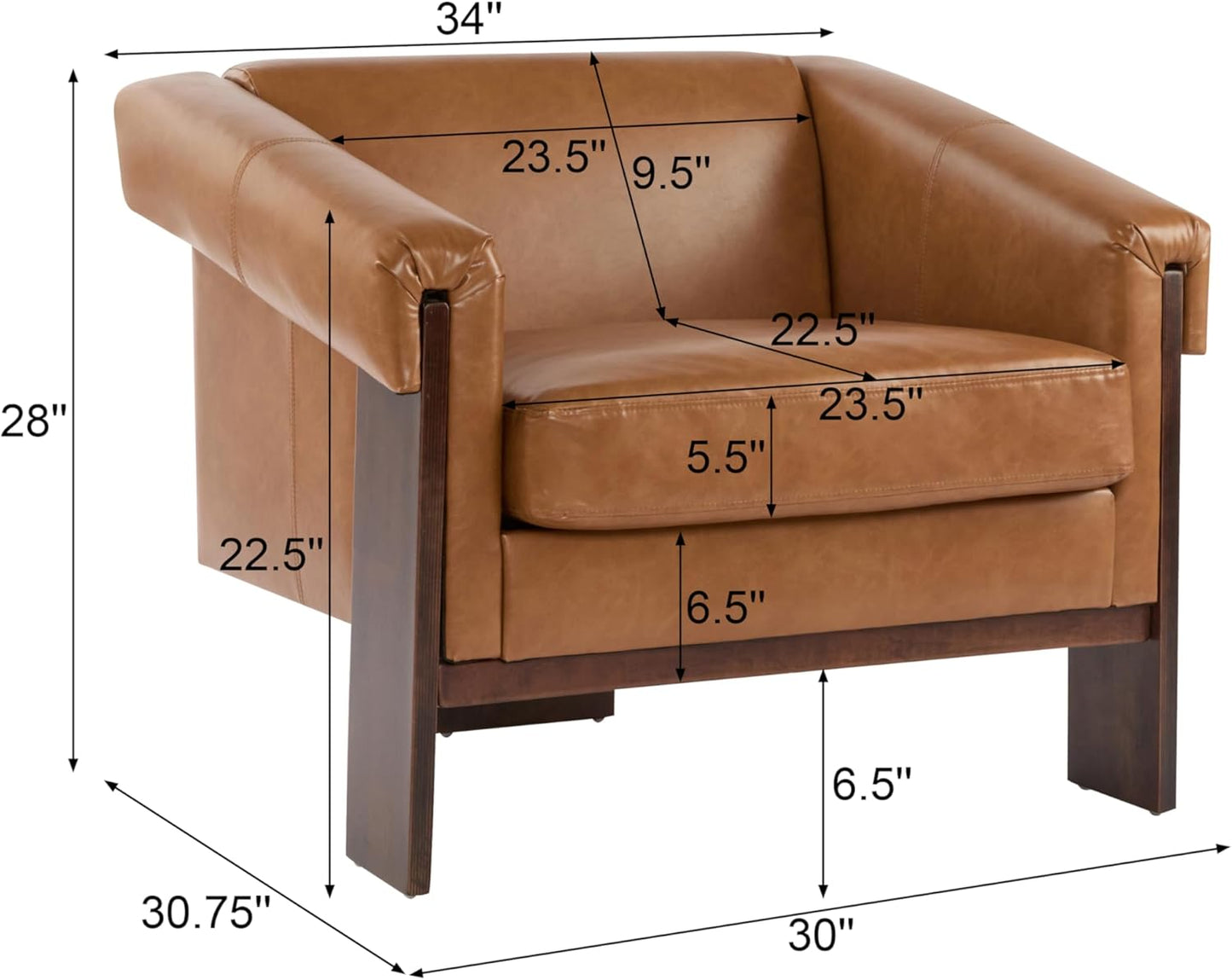 Christopher Knight Home Upholstered Accent Chair, Mid-Century Club Chair, PU Armchair with Cushions and Wood Legs – Modern Armrest Seating for Living Room, Bedroom or Office, Walnut Brown