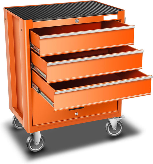 Auto Dynasty 3-Drawer Rolling Tool Cabinet, Roller Cart Tool Cabinet Storage Chest Box with Wheels and Key Lock for Garage Warehouse Workshop, Orange