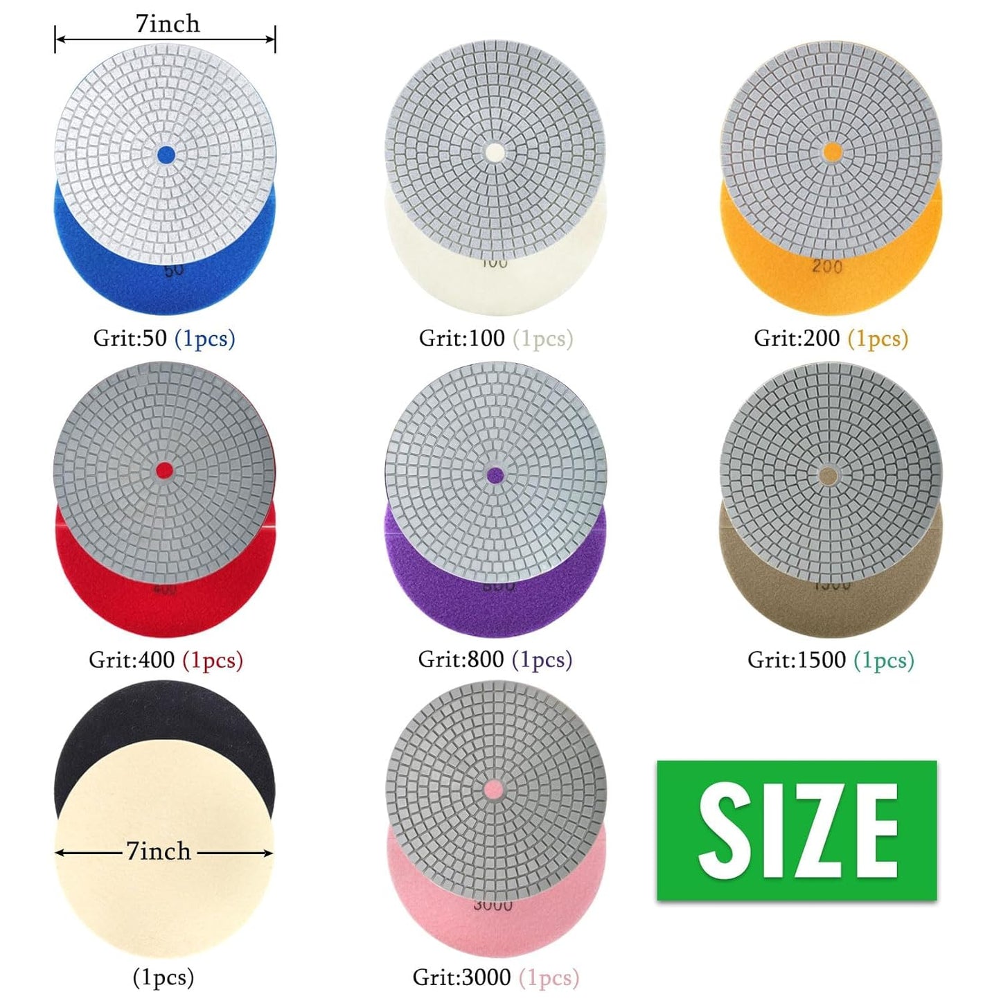 8PCS Diamond Polishing Pads 7 Inch, Wet/Dry Concrete Polish Tools Kit for Drill, Grinder, Polisher, 50-3000 Grit Polishing Set for Marble Granite Quartz Stone