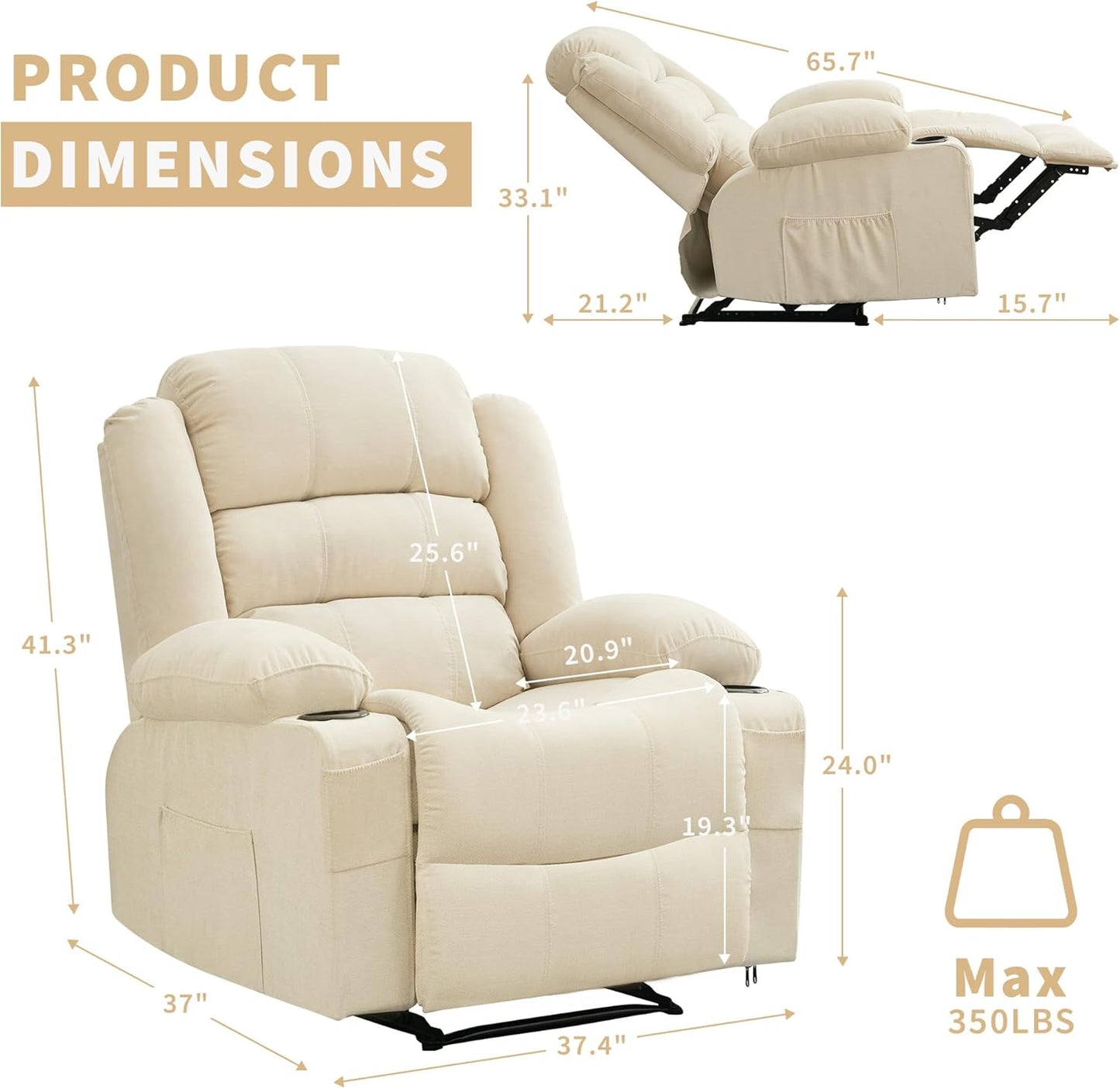 Wide Manual Recliner Chair for Adults – Widen Oversize Overstuffed Breathable Fabric Lounge Chair with 3 Angle Modes 2 Cup Holders Side Pockets