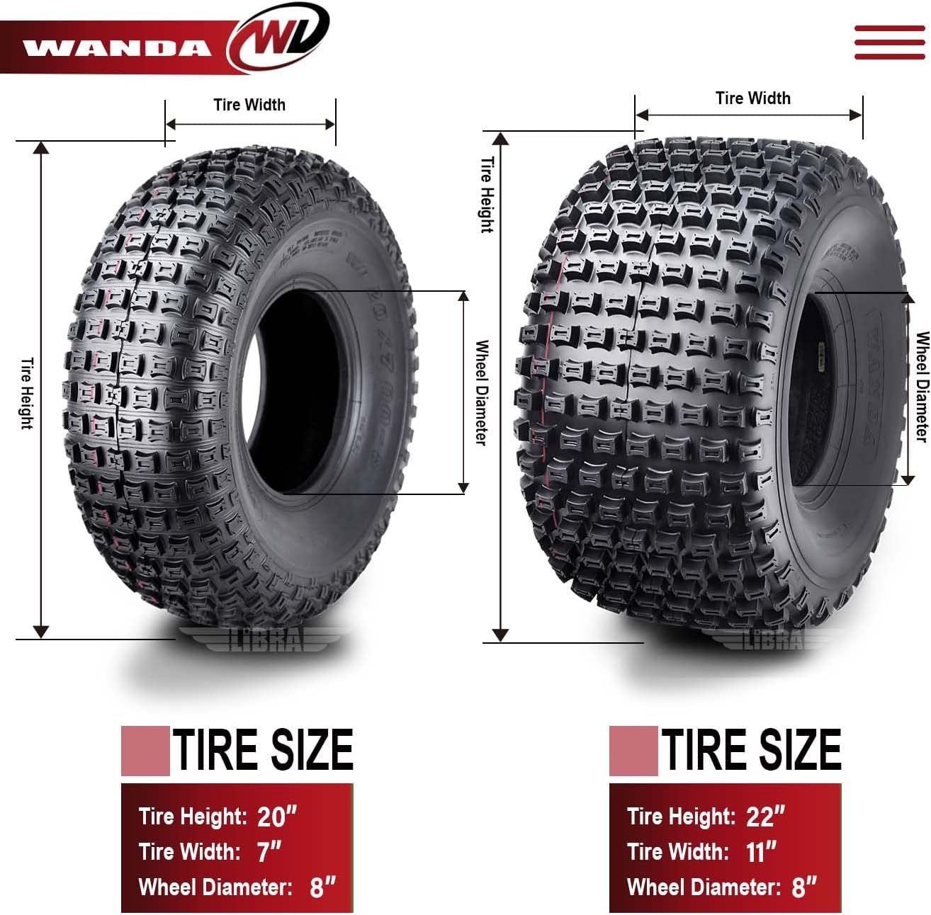 WANDA Set of 4 UTV ATV tires 20x7-8 20x7x8 Front & 22x11-8 22x11x8 Rear 4PR