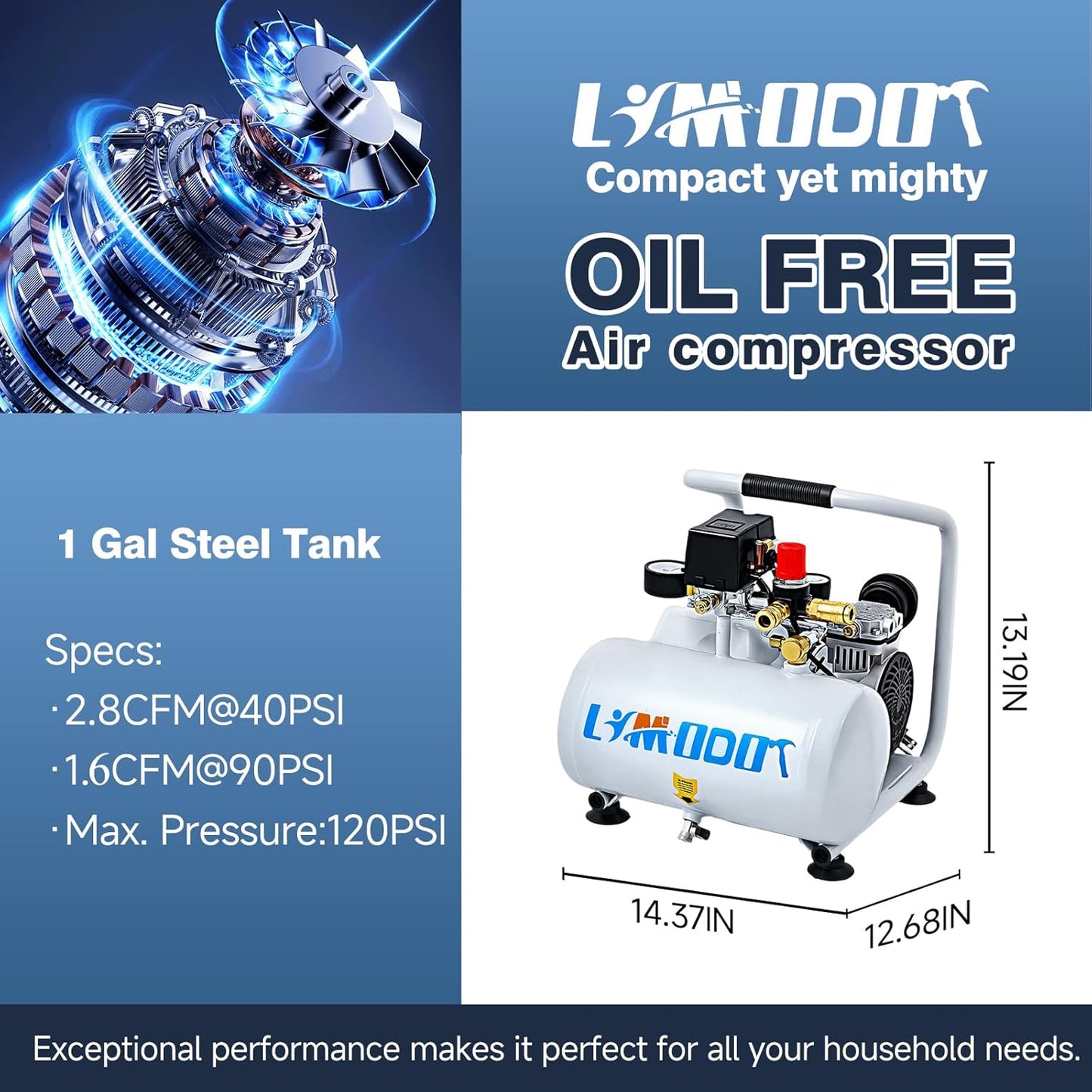 Ultra Quiet Air Compressor, Only 60dB, 1 Gallon Steel Tank, Oil-Free, Electric Air Compressor Perfect for Woodwork Nailing, Garage, Car, Pneumatic Tool, Includes 25 Ft. Air Hose Kit