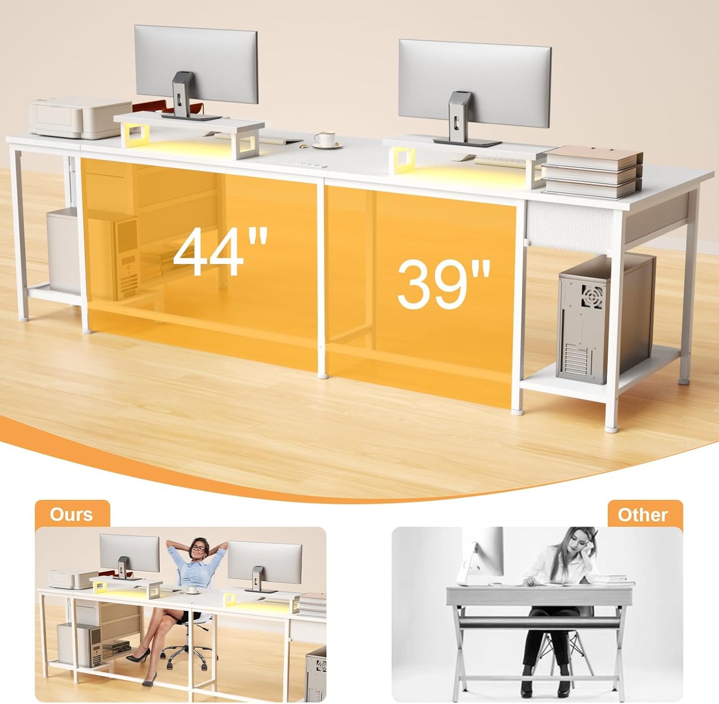 93" White 2 Person Office Desk, Long Computer Gaming Desk with Power Outlets & LED Lights, Large Home Office Desk with 4 Storage Drawers & 2 Monitor Stand for Work Writing Study