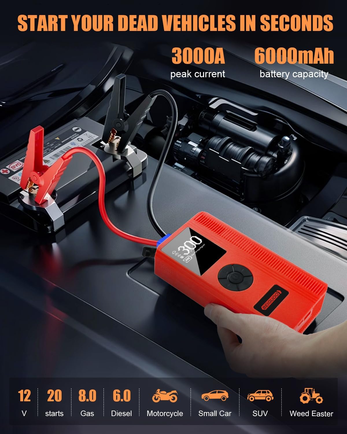 3000A Jump Starter with Air Compressor, Portable Car Battery Booster (8L Gas/6L Diesel) with 150PSI Auto-Shutoff Tire Inflator, 12V Jump Box Car Battery Jump Starter with LED Light