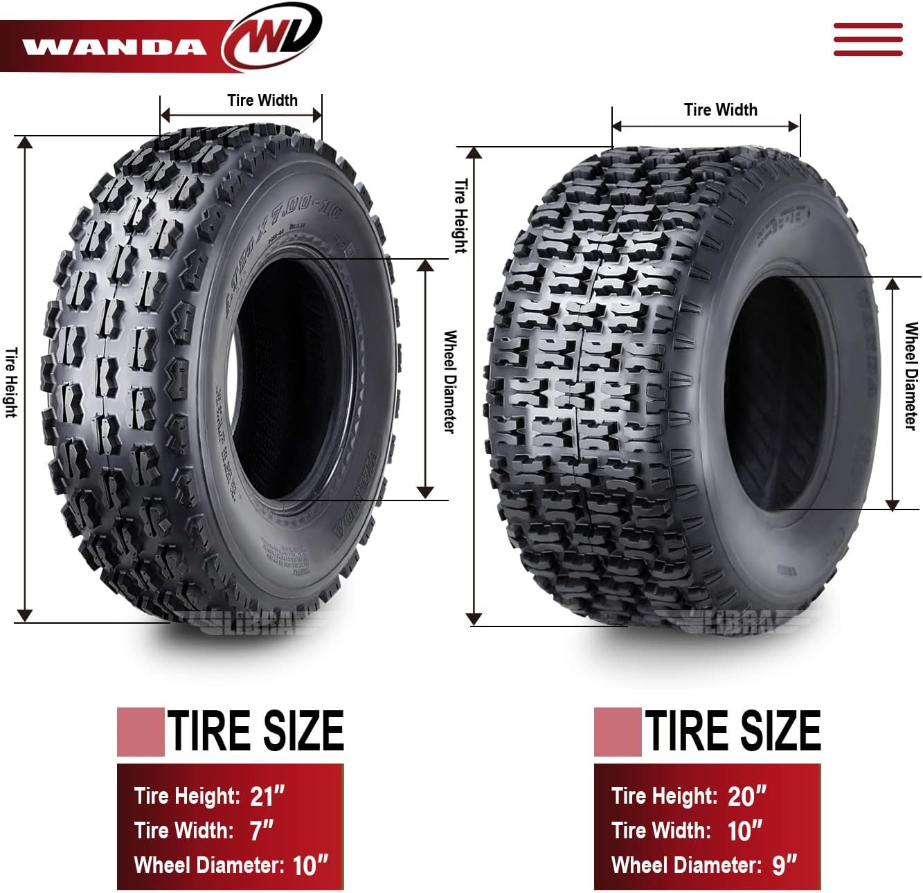 WANDA Set 4 Sport ATV Tires 21x7-10 & 20x10-9 Yamaha YFM350 YFZ450 Banshee 350
