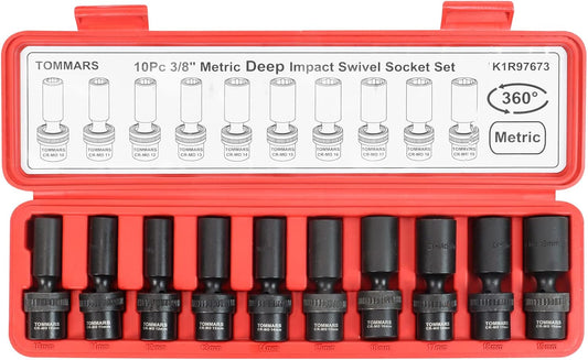TOMMARS 3/8" Drive Universal Swivel Impact Socket Set Deep, 6 Point Wobble Flexible Socket Set Metric 10-19 mm CR-MO Steel