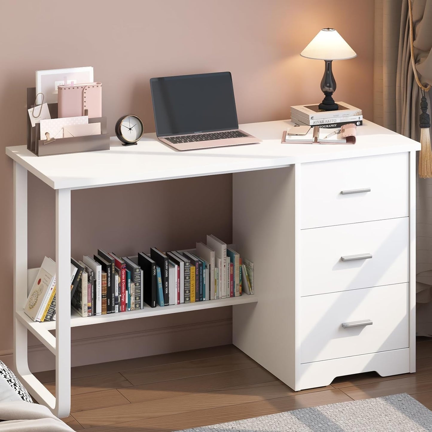 White Desk with 3 Drawers, 47 Inch Computer Desk with Drawers for Bedroom, Small Home Office Desk with File Cabinet, Bottom Shelves for Small Spaces