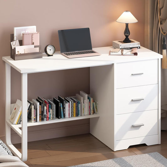 White Desk with 3 Drawers, 47 Inch Computer Desk with Drawers for Bedroom, Small Home Office Desk with File Cabinet, Bottom Shelves for Small Spaces