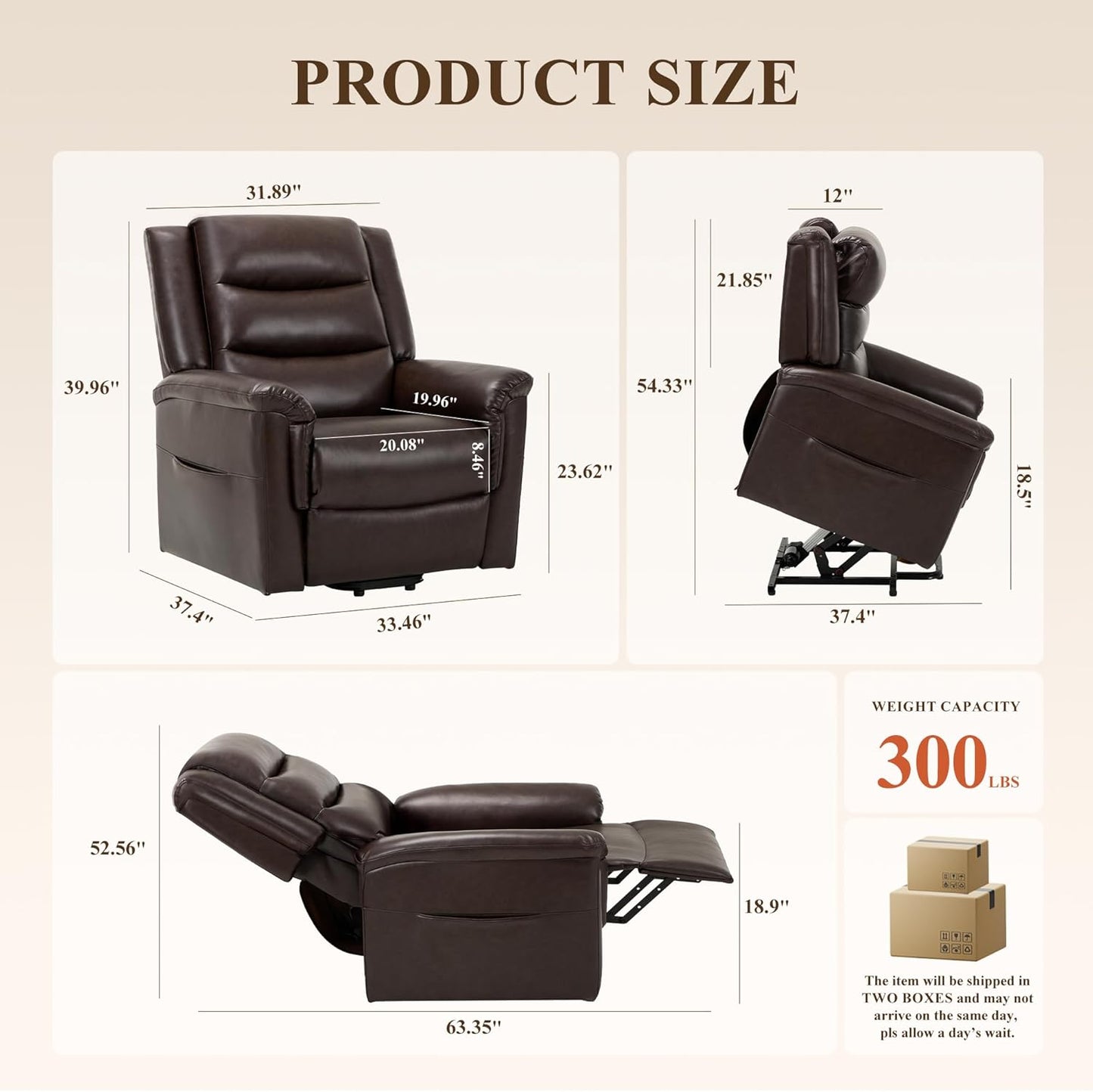 COLAMY PU Leather Power Lift Chair with Massage and Heat,Electric Lift Recliner Chair with Thick Cushioned Padding Backrest for Living Room, Office, Bedroom （Darkbrown）