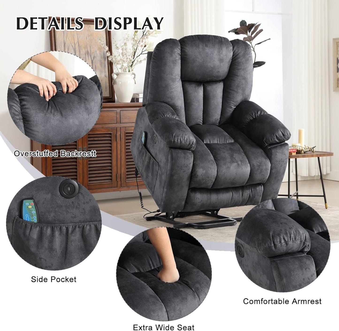 CANMOV Large Power Lift Recliner Chair with Massage, Heat, and USB for Elderly, Overstuffed Wide Recliners, Heavy Duty and Safety Motion Reclining Mechanism, Gray