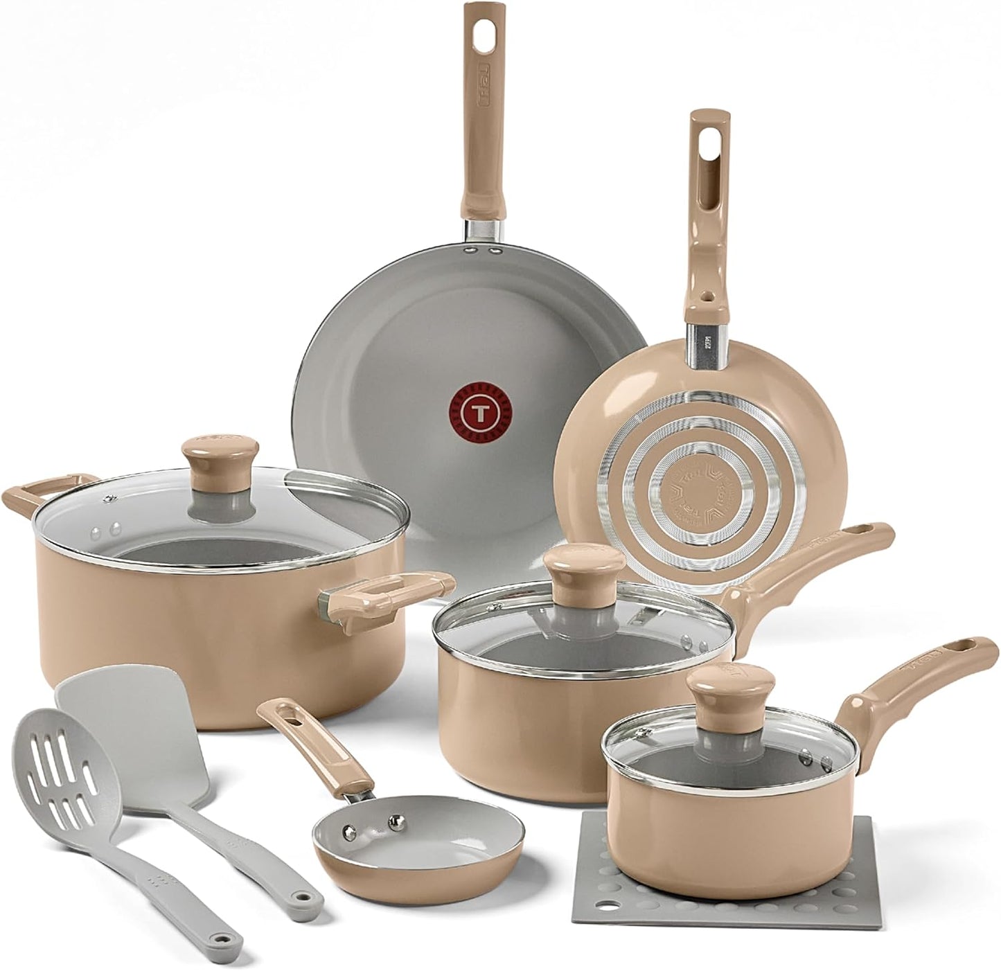 T-Fal Refresh Ceramic Nonstick Cookware Set, 12-Piece Ceramic Pots and Pans Set, Includes Stockpot, Griddle, Frying Pans, Utensils, Moon Grey