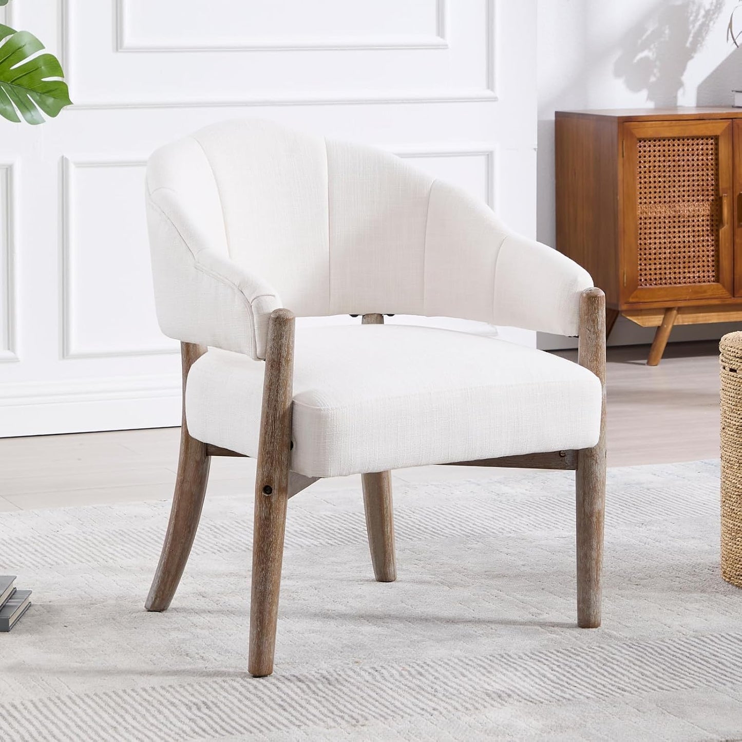 CIMOTA White Accent Chairs Set of 2 Farmhouse Fabric Barrel Chairs Linen Upholstered Armchairs with Wood Legs, 21.5" Wide Comfy Reading Chairs Side Sitting Chairs for Living Room/Bedroom/Makeup