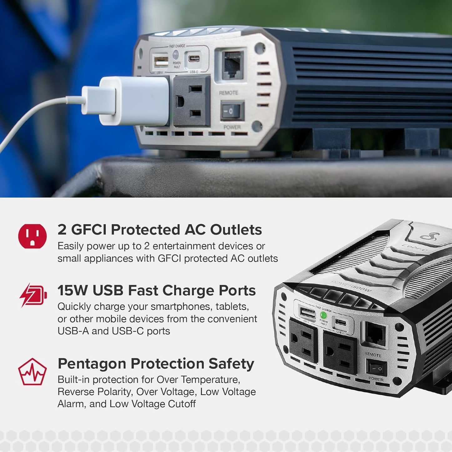 Cobra POWER 500W Power Inverter, Portable – 500-Watt Car Charger, 2 Grounded AC Outlets, 2 Fast Charge USB Ports and Remote Controller (CPIALCDG1) Compatible