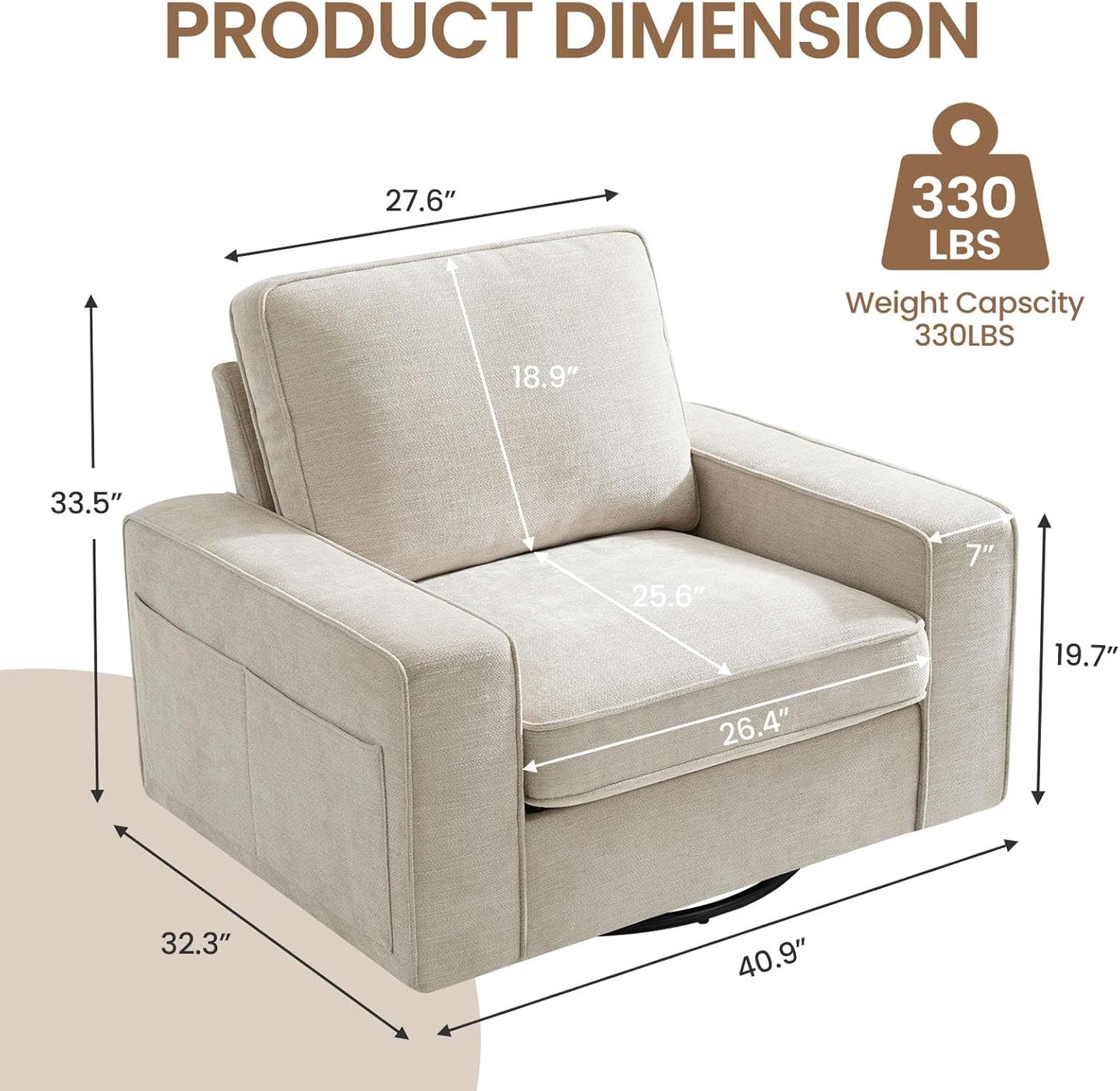 COHOME 360-Degree Swivel Accent Chair, Modern Oversized Club Arm Chair with Side Pockets, Classic Style Single Sofa Chair for Living Room, Bedroom (Beige)