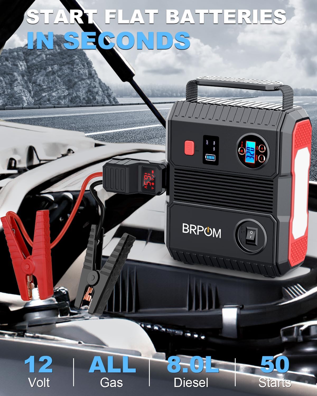 Car Jump Starter with Air Compressor, 150PSI 8000A Peak 24000mah (Up to All Gas or 8.0L Diesel Engine, 50 Times) Portable Jump Starter 12V Auto Battery Jump Pack QC 3.0 with 160W DC Out