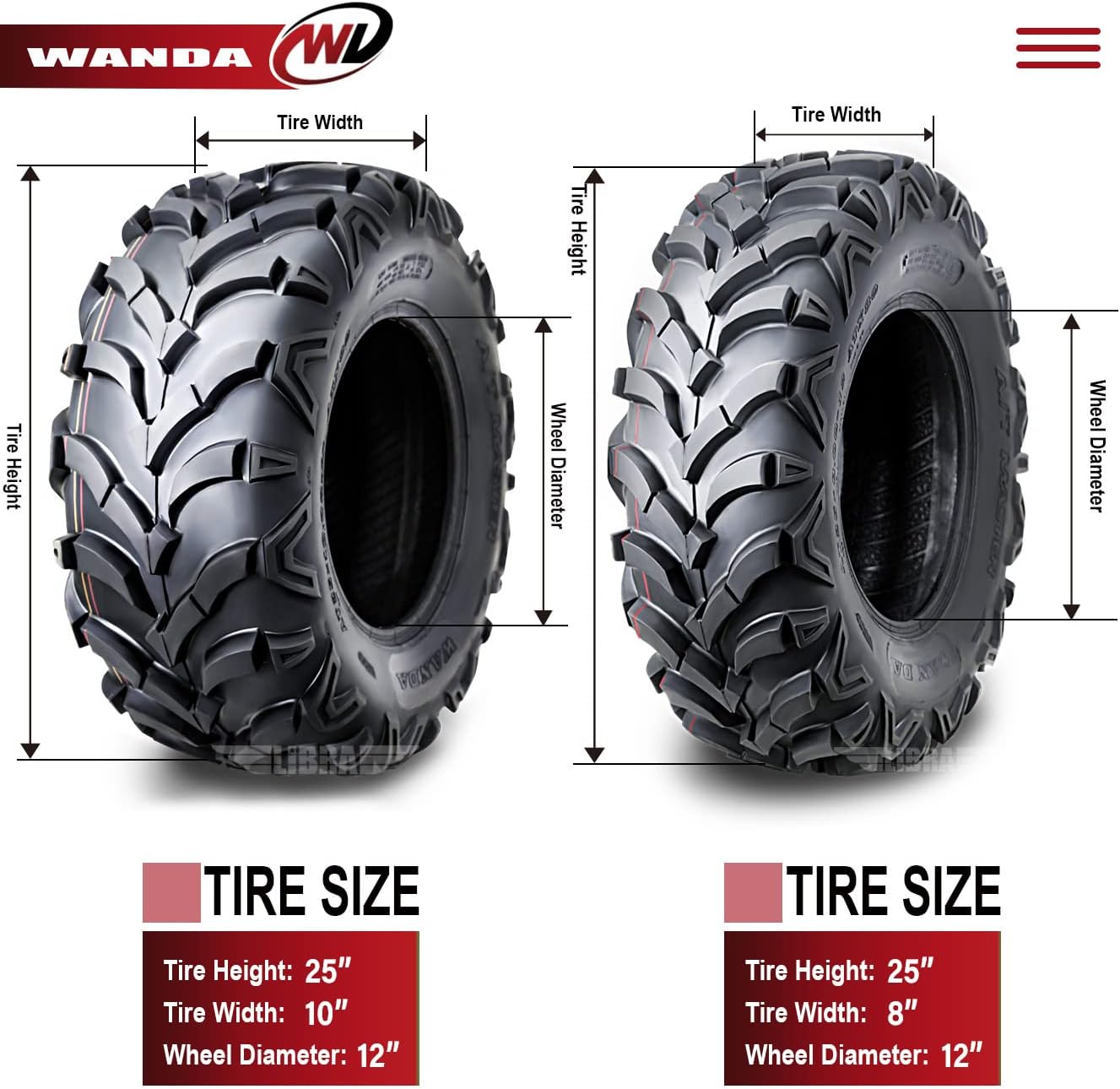 WANDA Set of 4 ATV/UTV Tires 25X8-12 25X10-12 P341 Solid Deep Tread for 2005-2014 HONDA FOREMAN 500