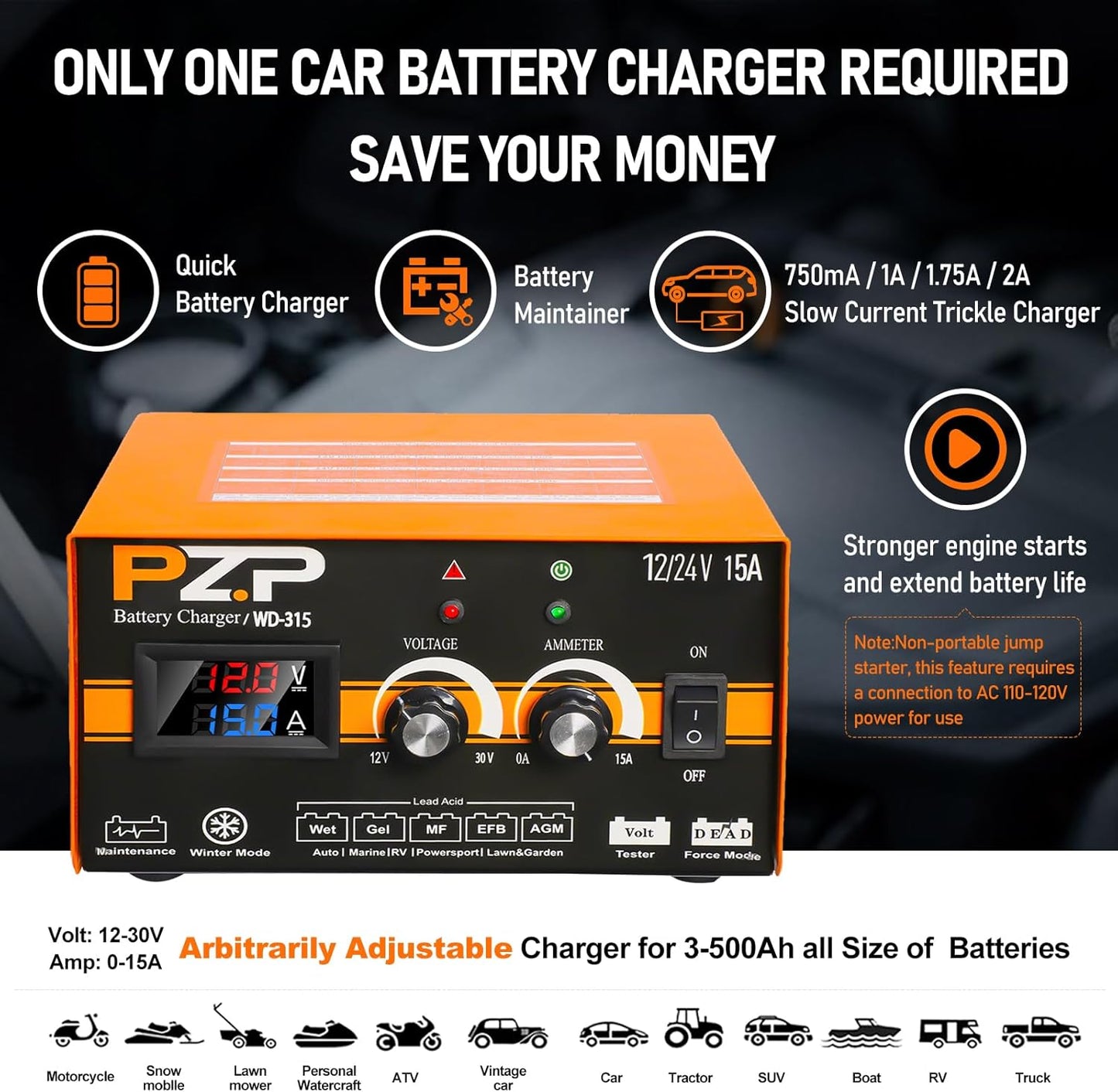 12V 24V Manual Battery Charger Maintainer, 0 to 15A Arbitrarily Adjustable Car Battery Trickle Charger, Battery Desulfator with Repair, Winter Mode, Suitable for AGM Gel Deep Cycle Truck RV ATV