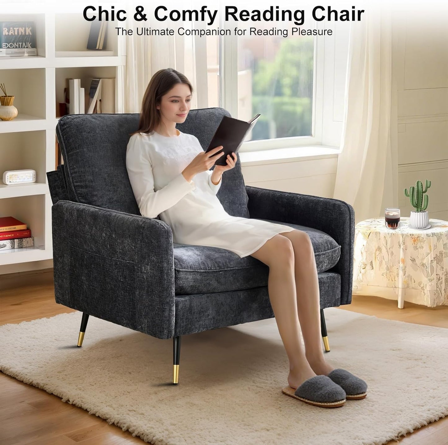38.6" Wide Oversized Accent Chair with Lumbar Pillow, Modern Chenille Armchair Living Room Chair with 8" Metal Legs, Single Sofa Chair for Bedroom, Living Room, Dark Gray