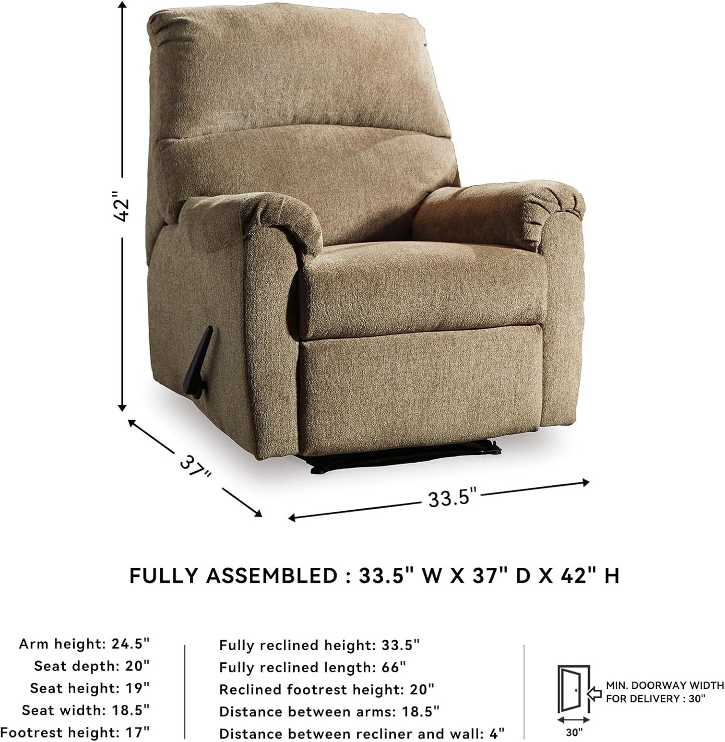 Signature Design by Ashley Nerviano Traditional Zero Wall Recliner, Light Brown