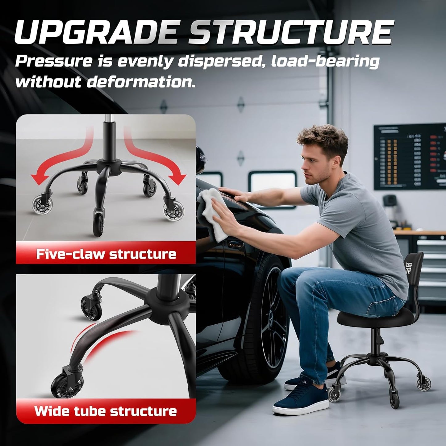 Rolling Shop Stool with Wheels,Mechanic Garage Stool Chair with Adjustable Height 15.55"-18.3",Heavy Duty Swivel Roller Seat for Garage,Salon and Tattoo Beauty, Black