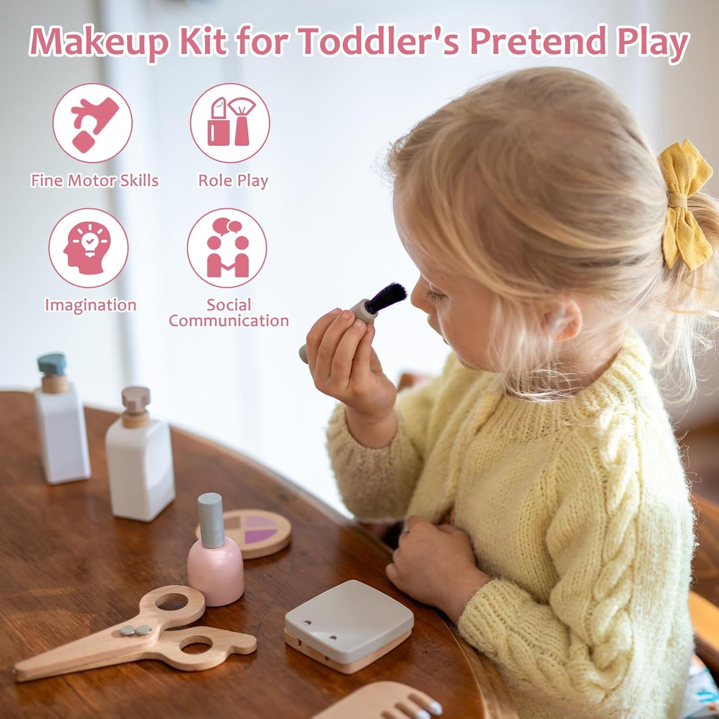 22 PCS Wooden Makeup Toy Set for Toddler Pretend Play,Wood Beauty Salon Toys Cute Wooden Makeup Kit with Realistic Accessories Gift for Girls 3 4 5 6